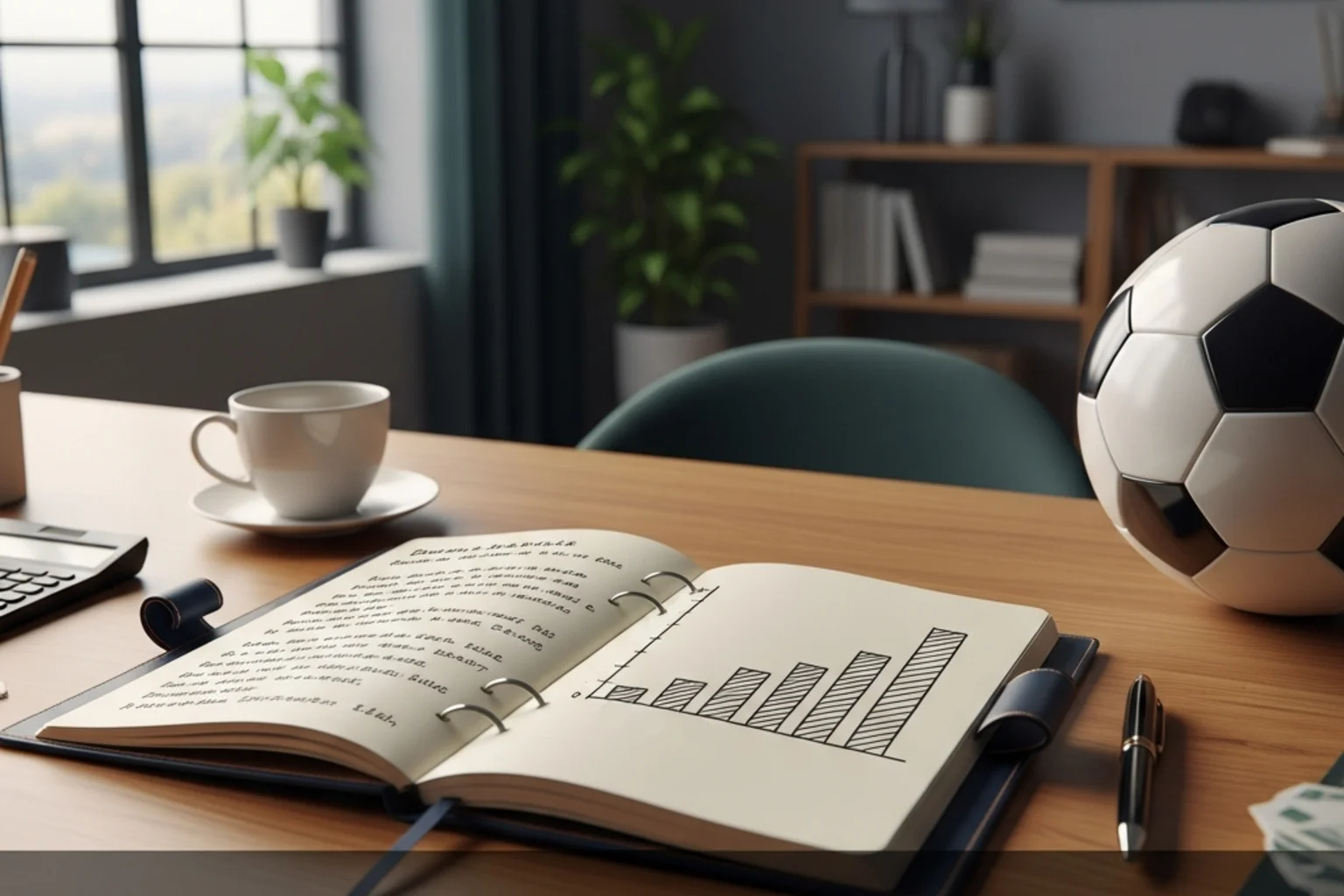 Bankroll Management für Sportwetten: strukturierte Einsatzplanung mit Notizbuch und Stift auf einem Schreibtisch