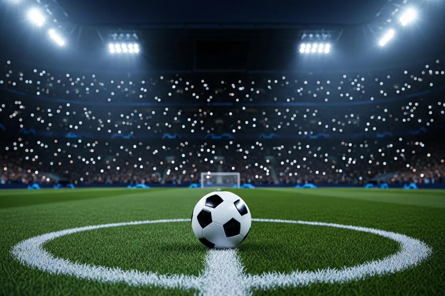 Fußball auf dem Mittelkreis eines Stadions bei Flutlicht — Atmosphäre eines Champions-League-Abends