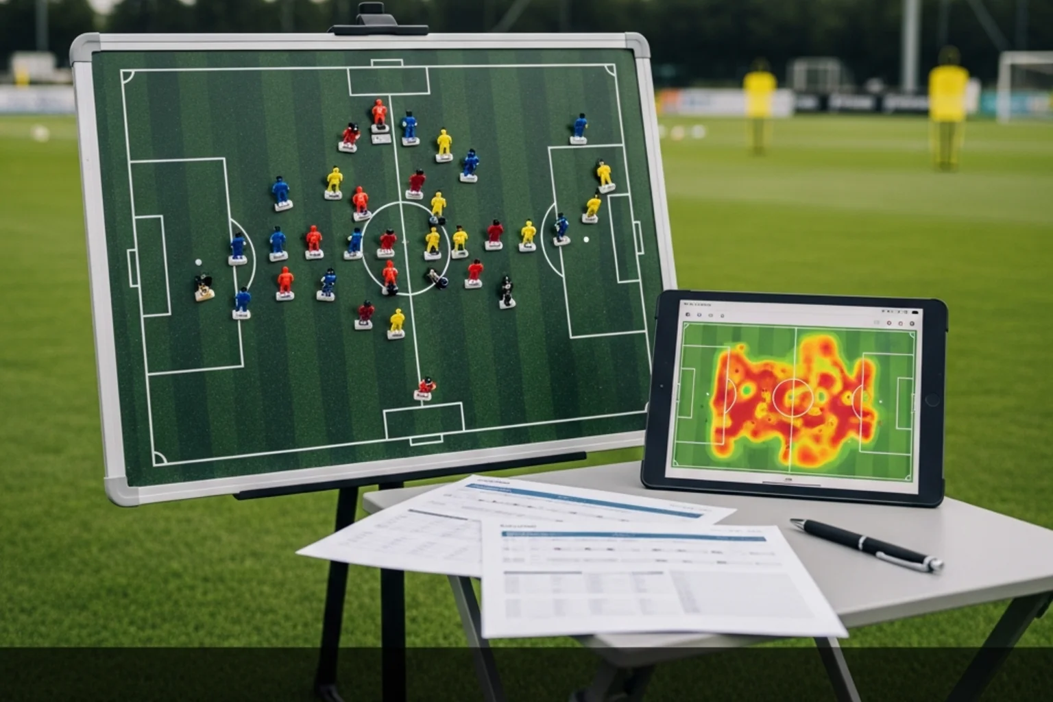Fußball-Statistiken für Wetten: Taktiktafel mit Spielerpositionen und Daten am Spielfeldrand