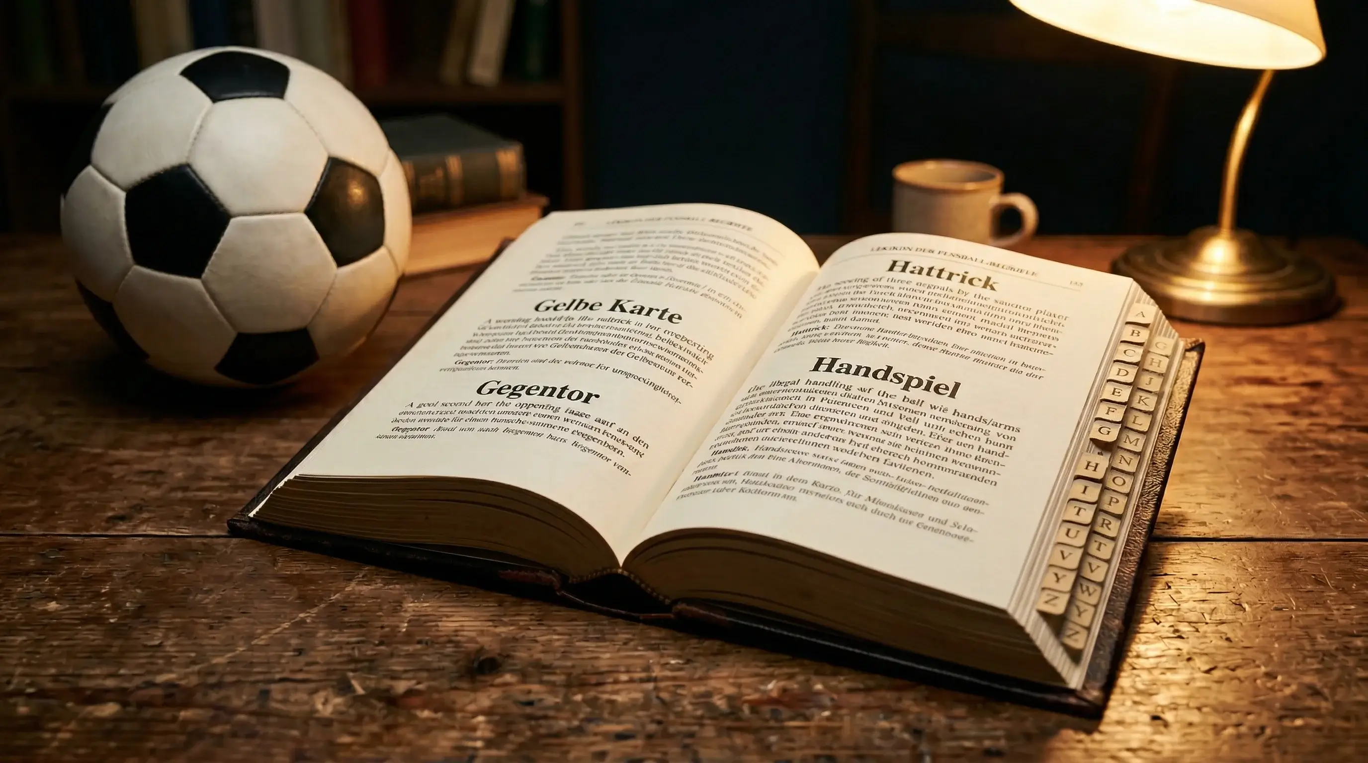 Aufgeschlagenes Lexikon neben einem Fußball — Glossar der wichtigsten Wettbegriffe