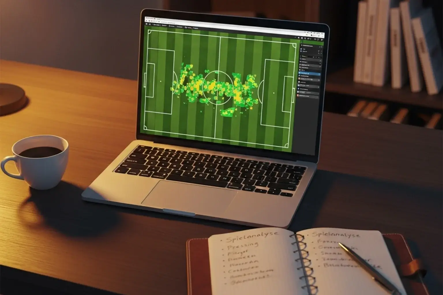 Fußball Wetten Strategie – Analyse-Szene mit Laptop und Spielfeldnotizen
