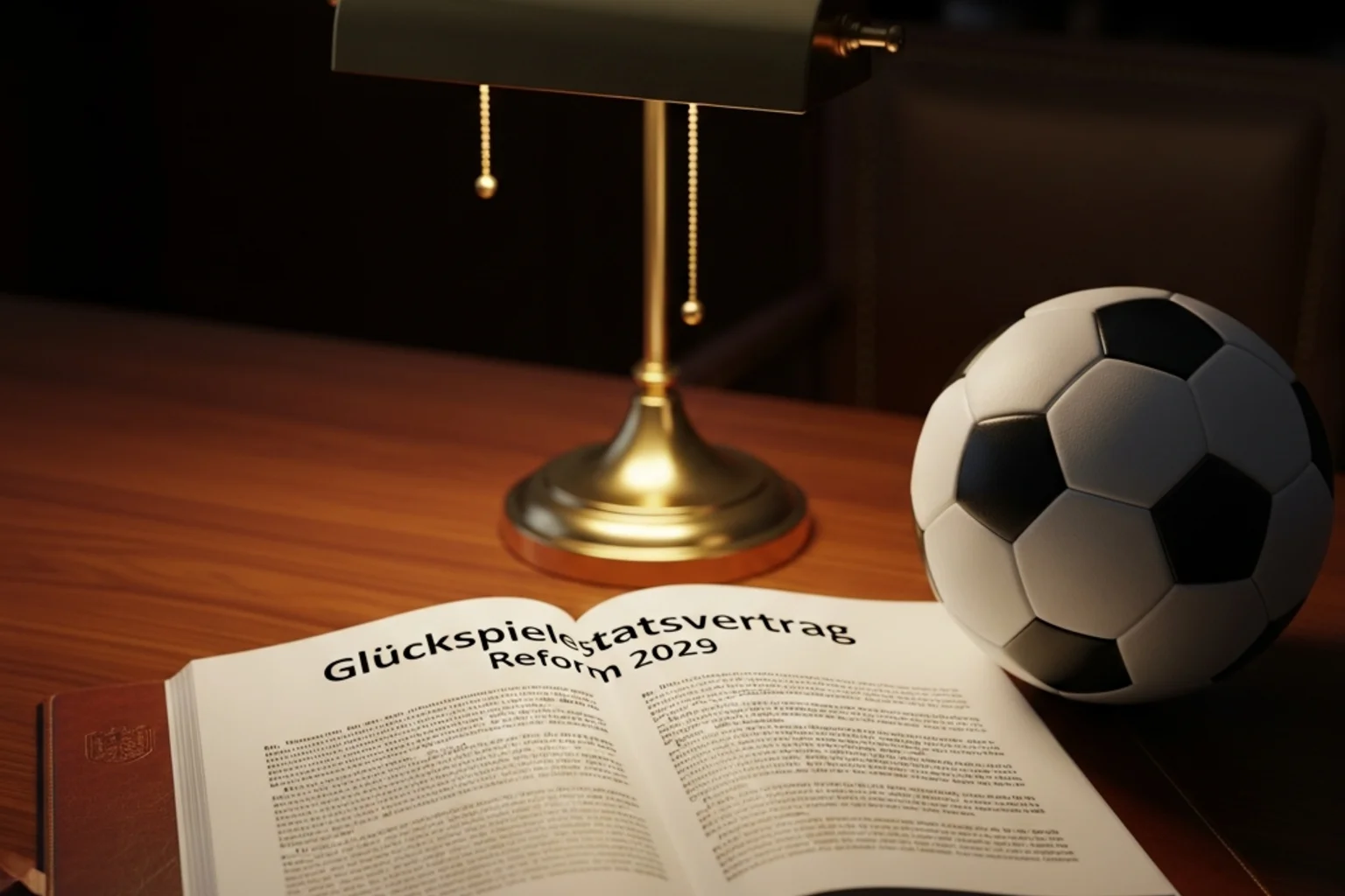 Gesetzbuch und Fußball auf einem Schreibtisch — der Glücksspielstaatsvertrag und seine Bedeutung für Sportwetter