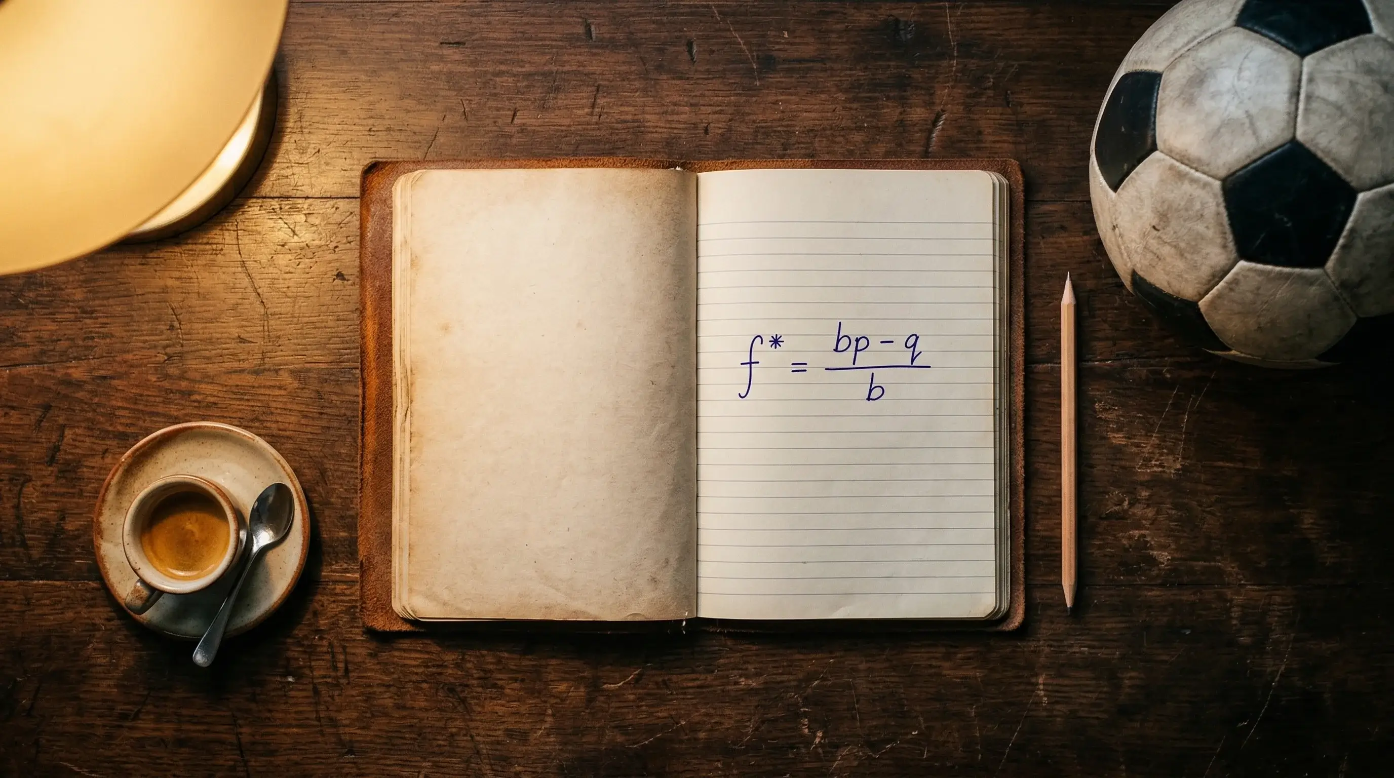 Notizbuch mit handgeschriebener Kelly-Formel neben einem Fußball auf einem Holztisch