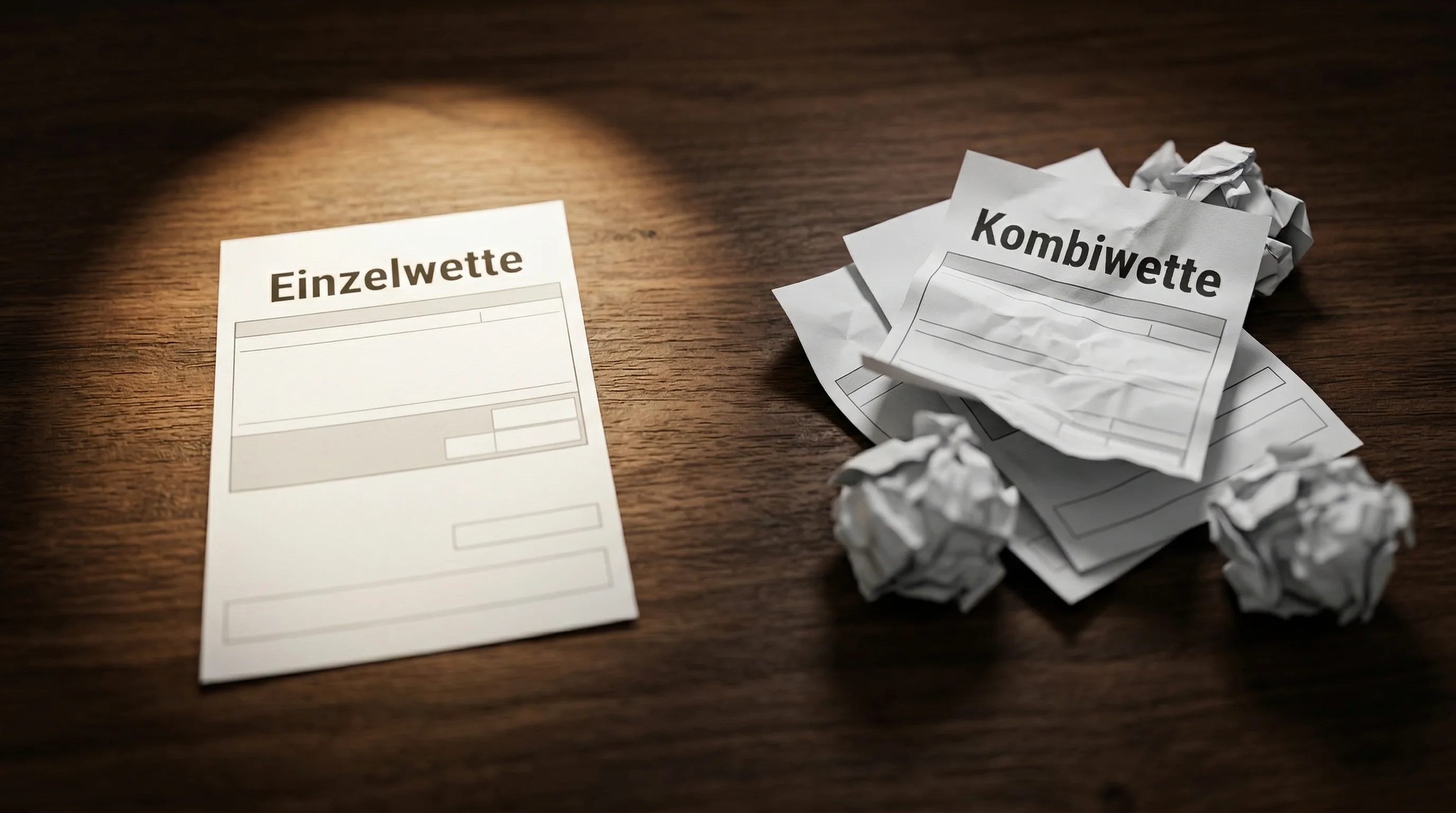 Einzelner Wettschein neben einem Stapel — Vergleich zwischen Einzelwetten und Kombiwetten