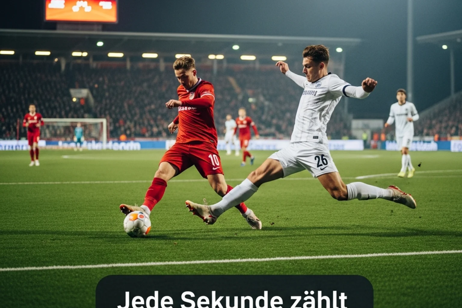 Live-Wetten auf Fußball: Spieler in Aktion auf dem Rasen während eines Bundesliga-Abendspiels unter Flutlicht