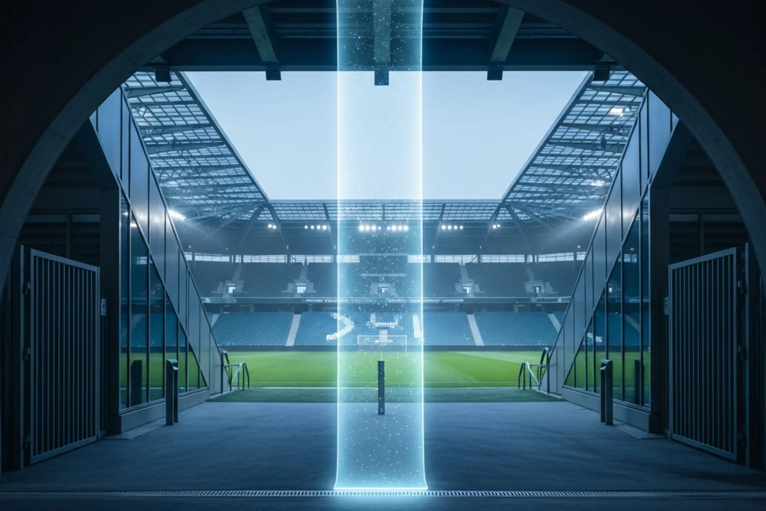 Digitales Schutzschild-Symbol vor einem Fußballstadion — OASIS und LUGAS als Spielerschutzsysteme