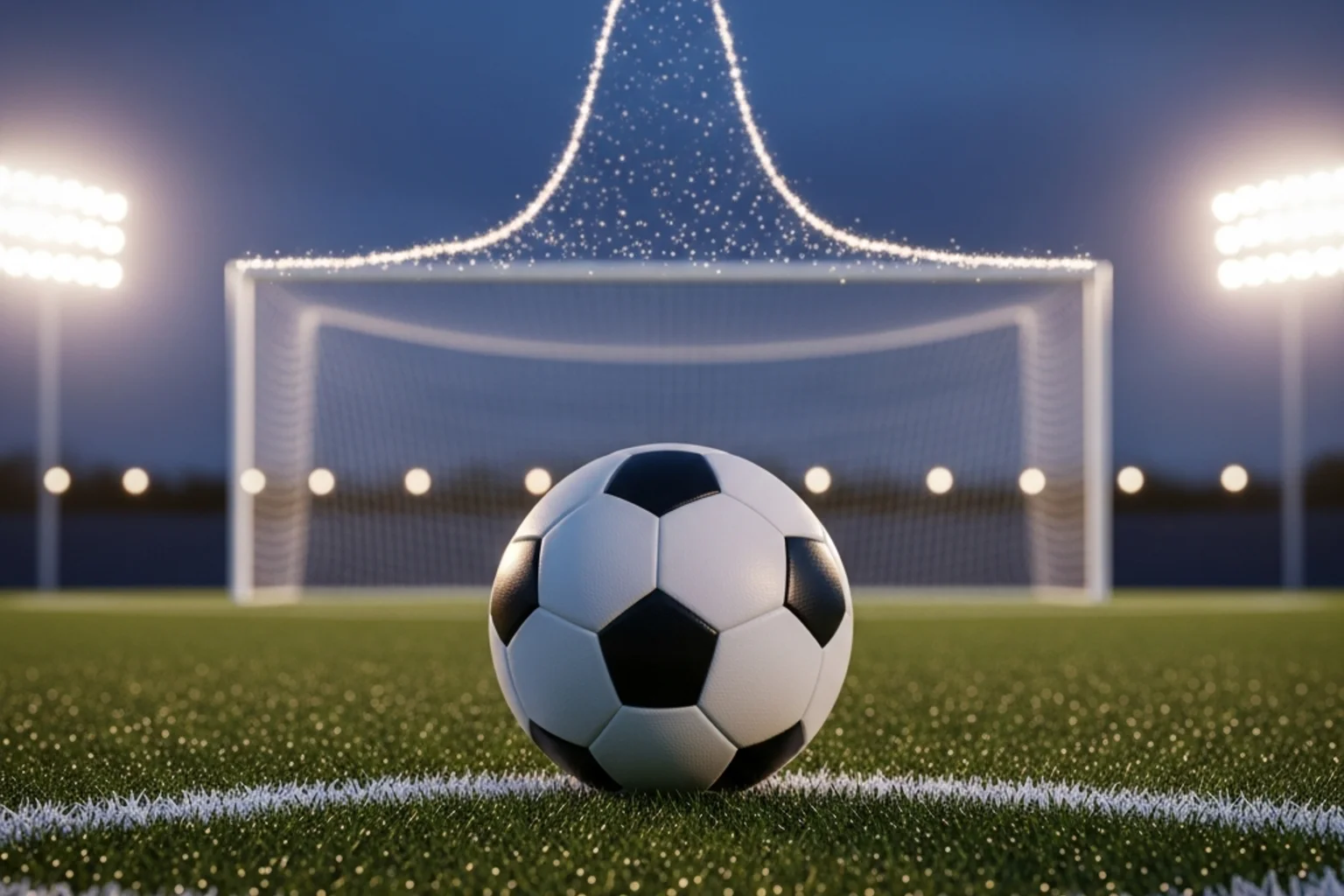 Fußball auf dem Elfmeterpunkt mit statistischer Wahrscheinlichkeitsdarstellung im Hintergrund