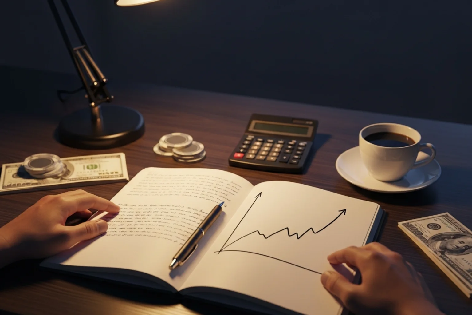 Nüchterne Schreibtischszene mit Analyse-Notizen — ehrlicher Faktencheck zum Geldverdienen mit Sportwetten