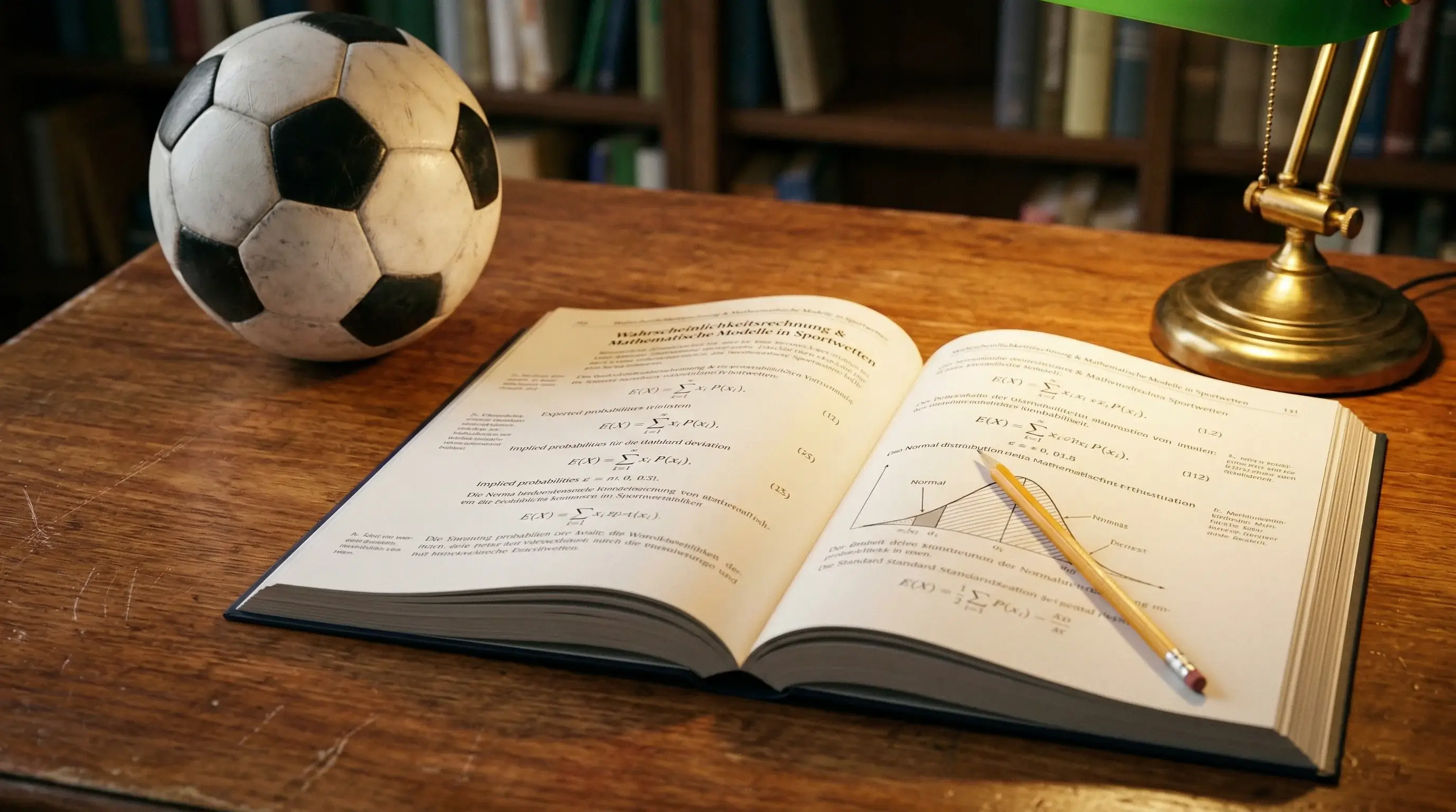 Aufgeschlagenes Mathematikbuch neben einem Fußball — Symbolbild für die Mathematik hinter Sportwetten