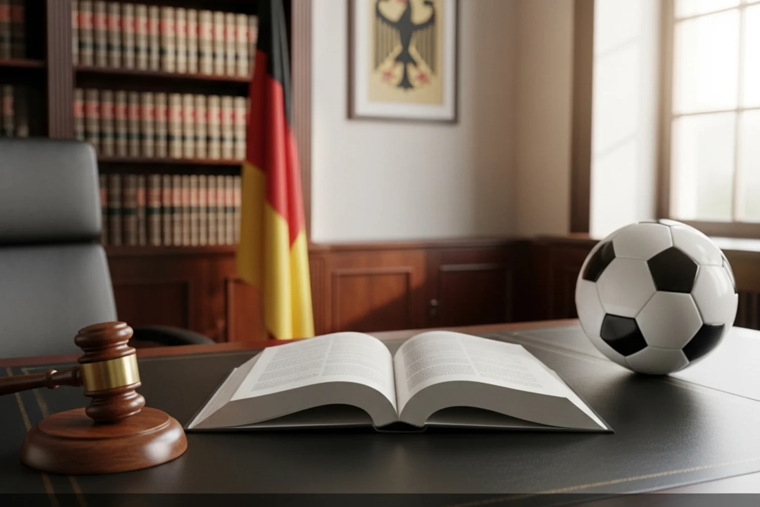 Sportwetten und Recht in Deutschland: Gesetzbuch und Richterhammer neben einem Fußball auf einem Schreibtisch