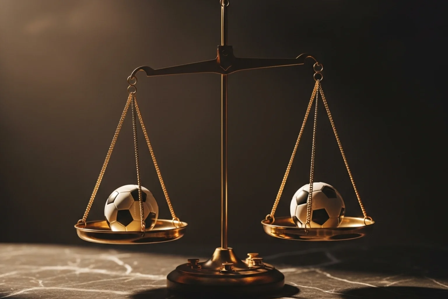 Waage im Gleichgewicht mit Fußbällen auf beiden Seiten symbolisiert Arbitrage-Wetten