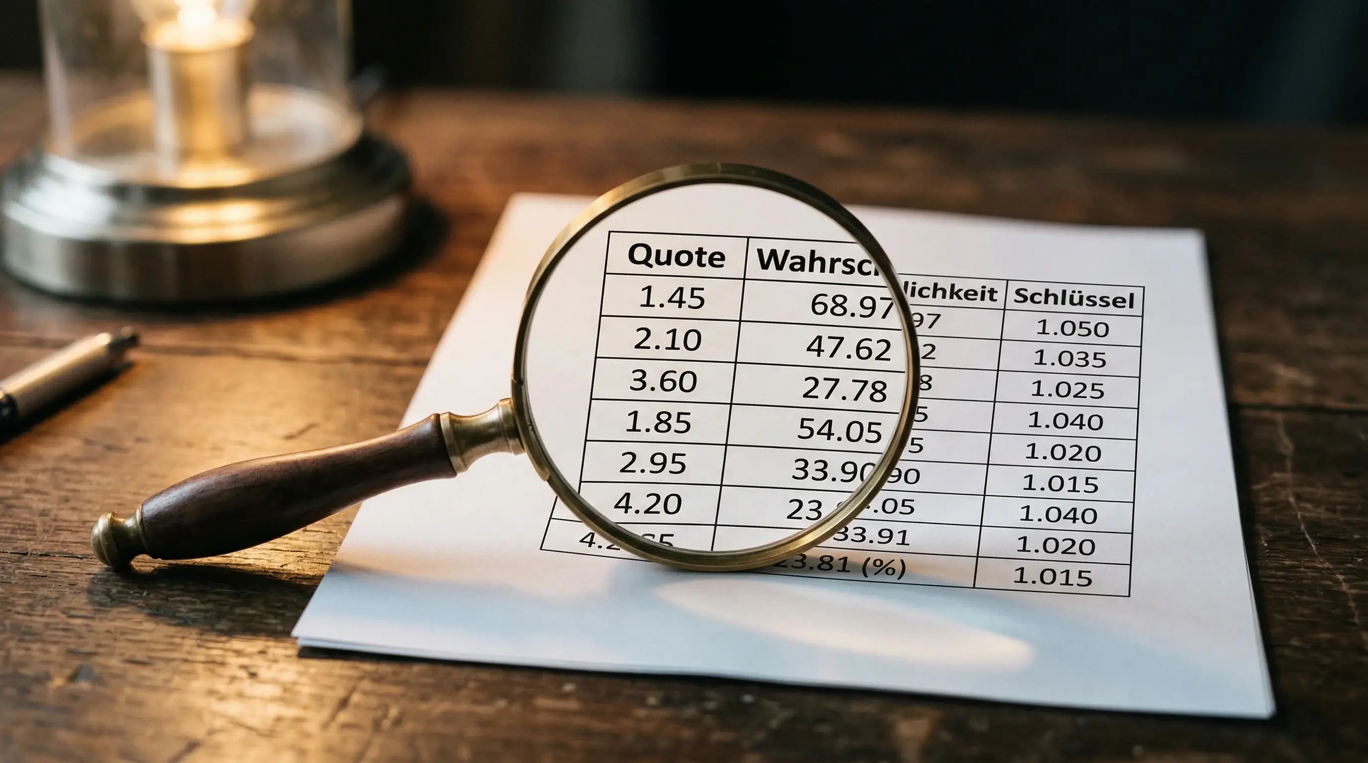 Lupe über Wettquoten auf Papier — Analyse von Quotenschlüssel und Buchmachermarge