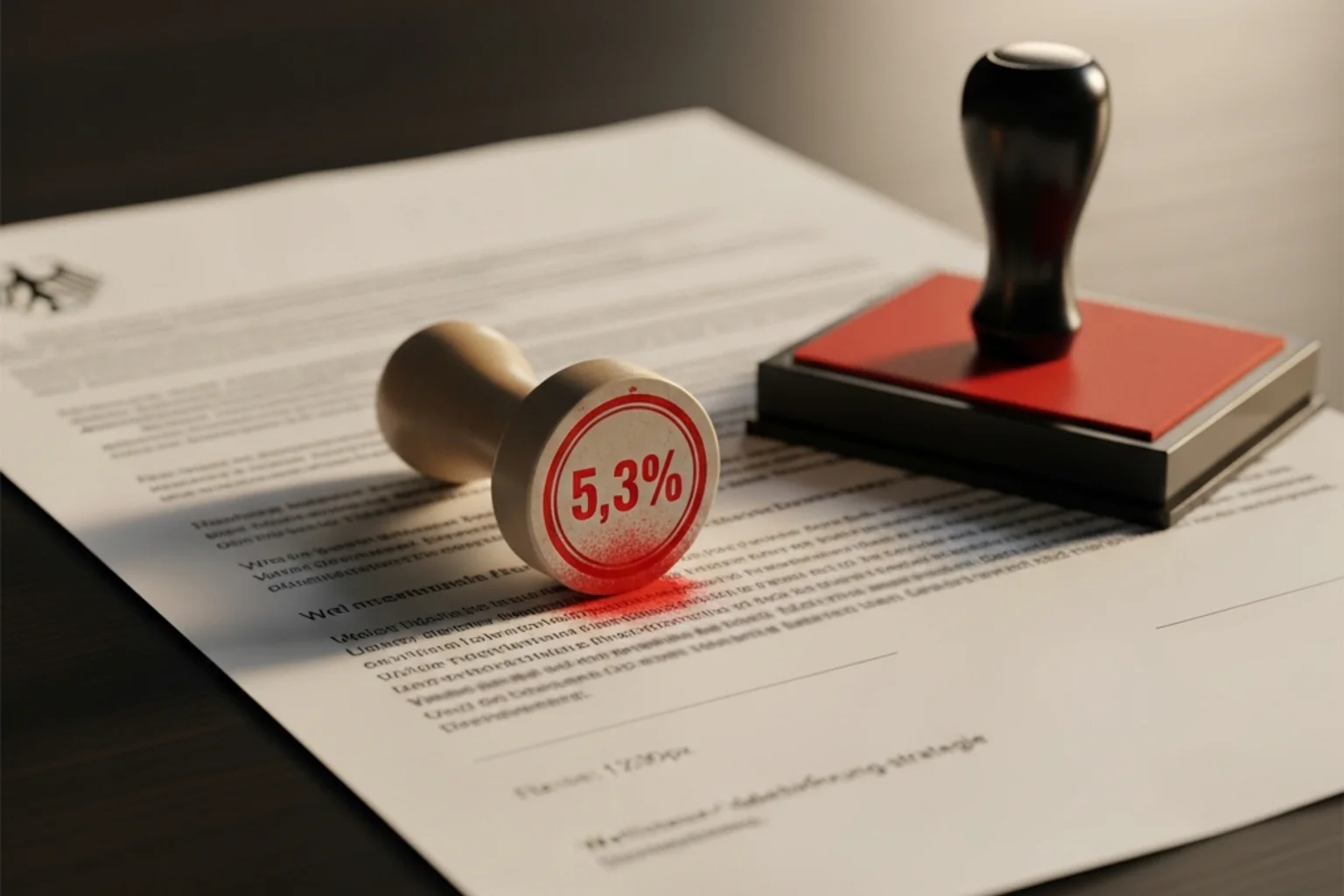 Stempelabdruck mit Prozentzeichen auf einem Dokument — symbolisiert die deutsche Wettsteuer von 5,3 Prozent